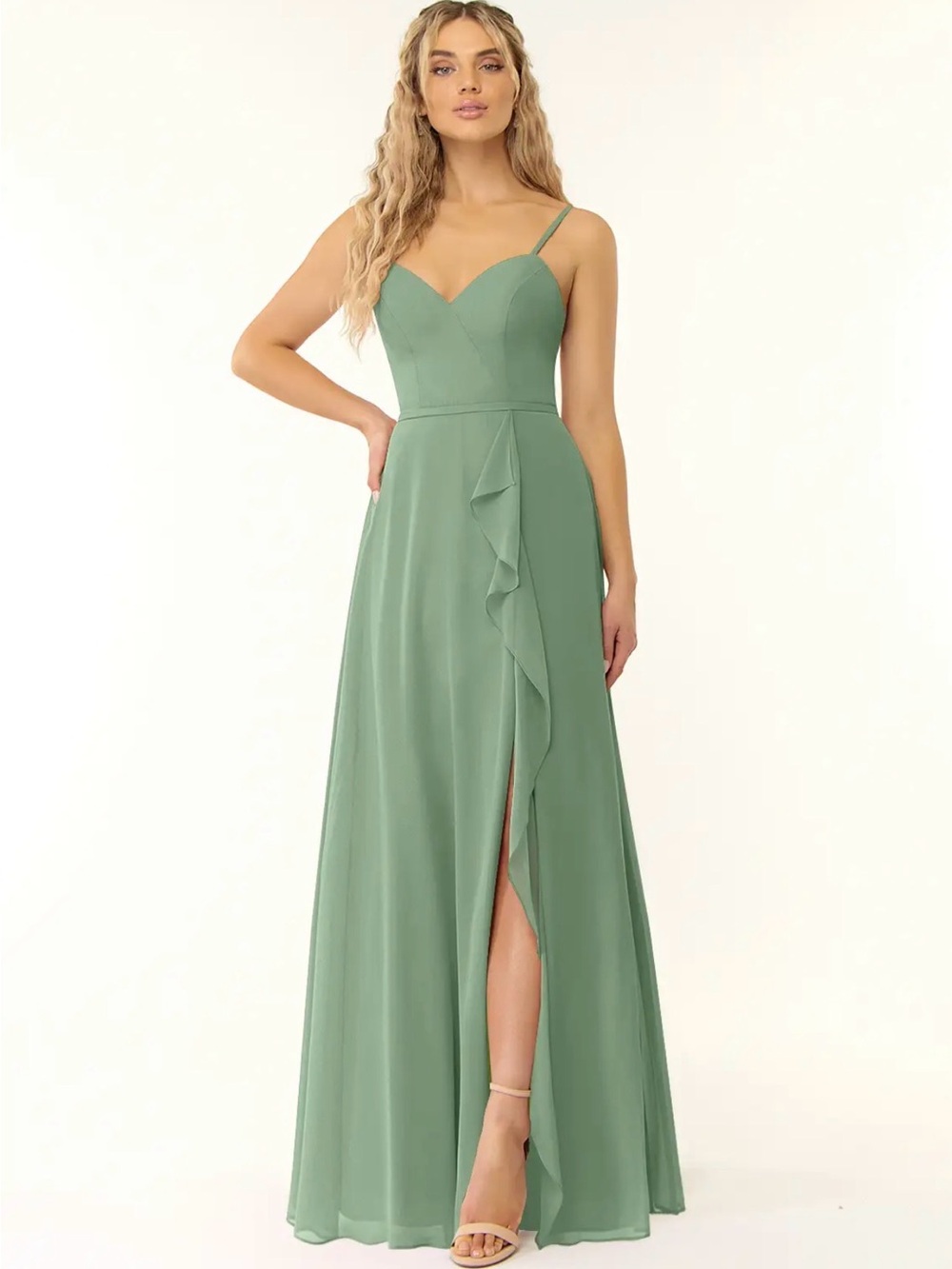 Azazie Naeem Matcha green A-Line V-Neck Ruffle Chiffon Bridesmaid Dress A4 NWT